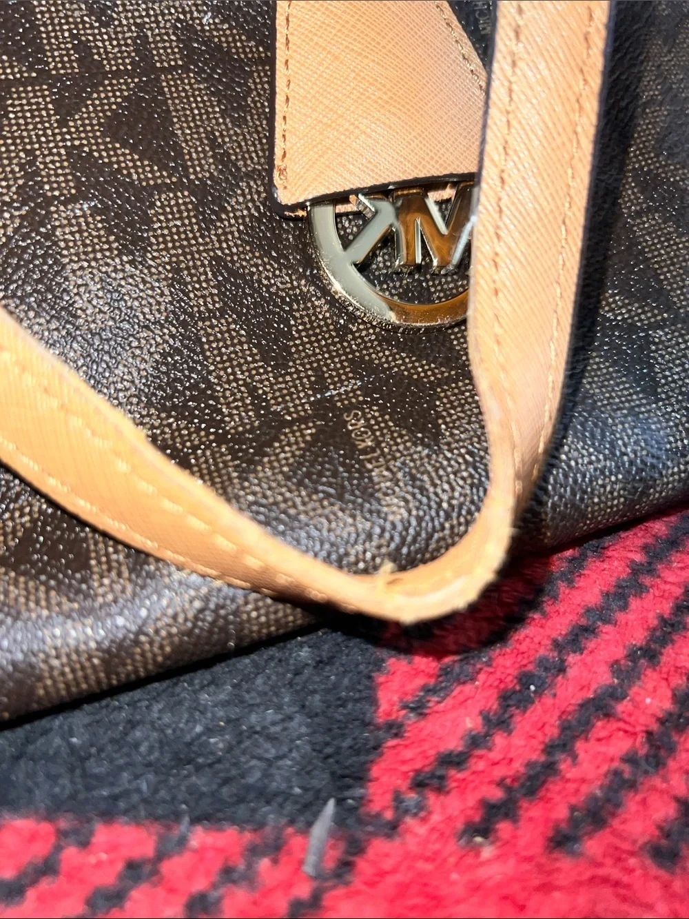 Michael Kors Brown MK Logo Monogram Tote with Tan Leather Handles